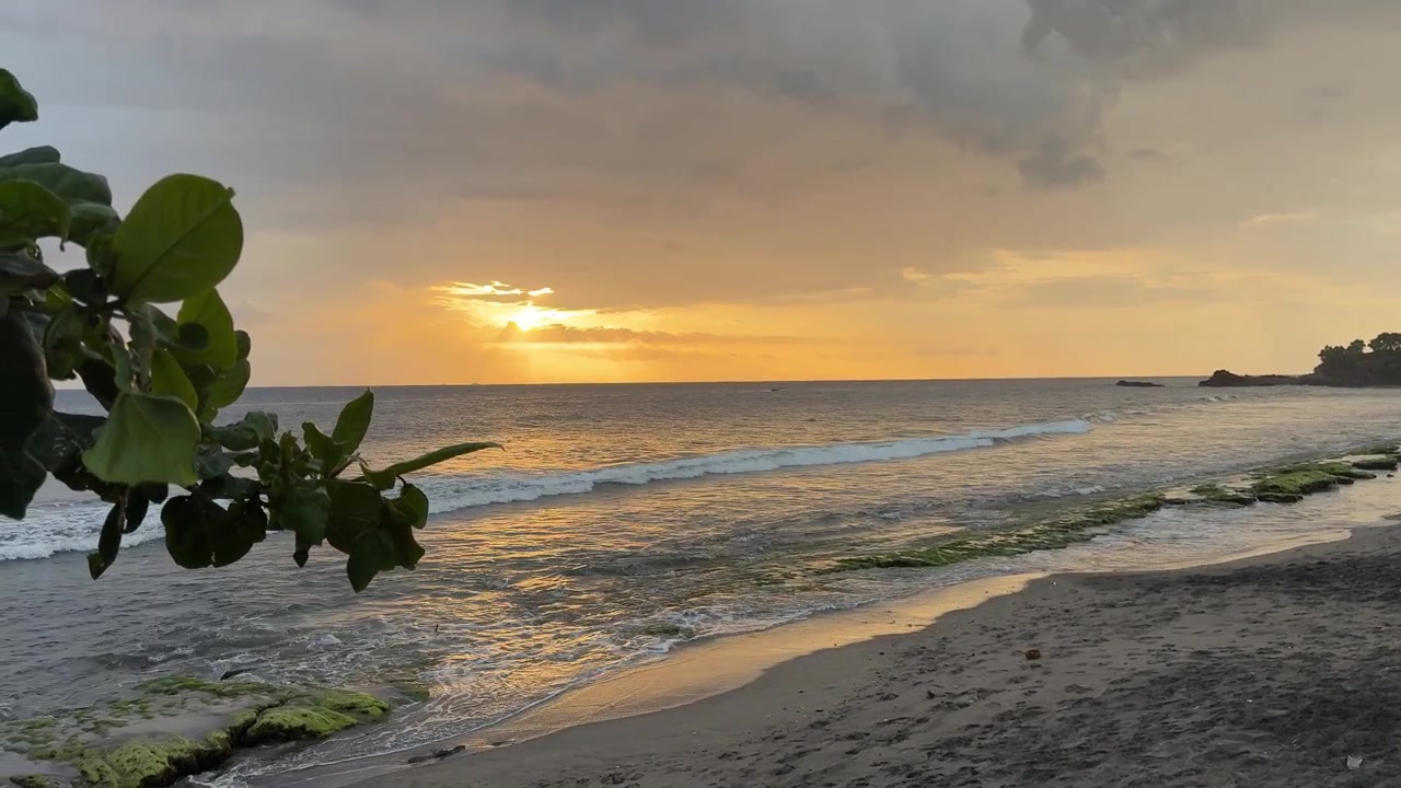 Il tramonto dorato su una spiaggia tropicale con le onde dolci