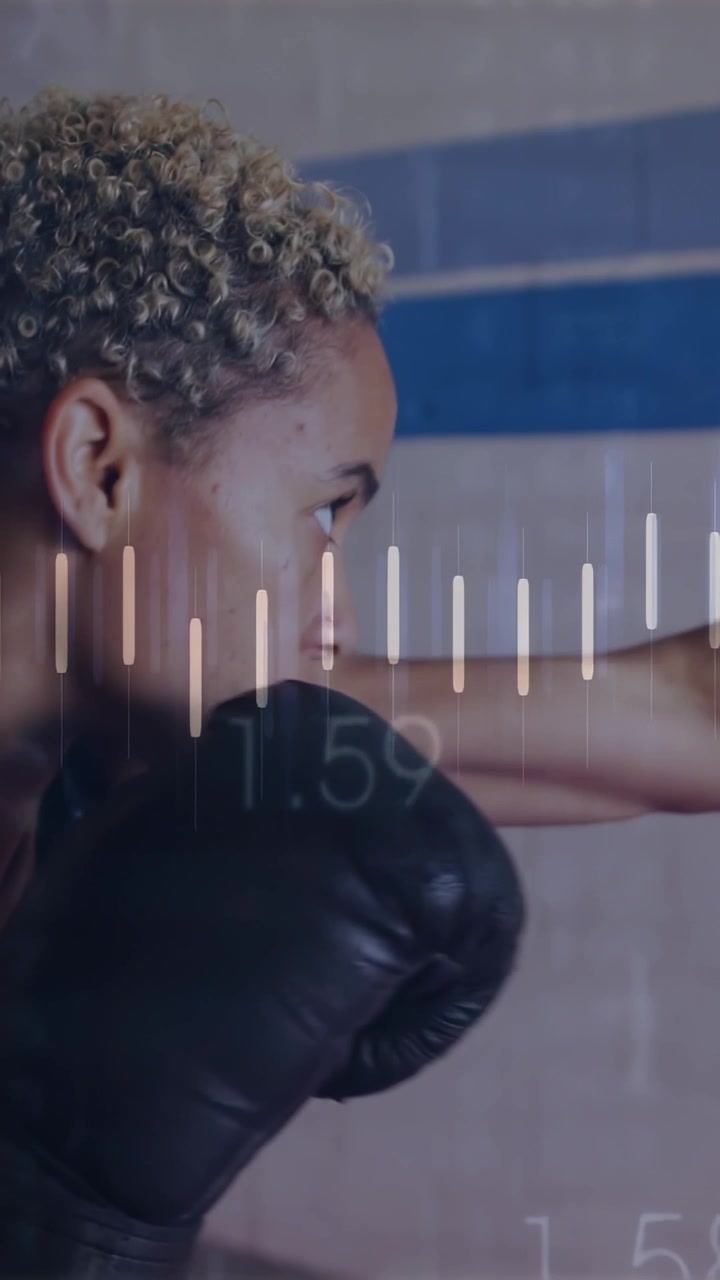 Vertical video: Female boxer jabbing in gym corner, timer starting training waveform overlaying