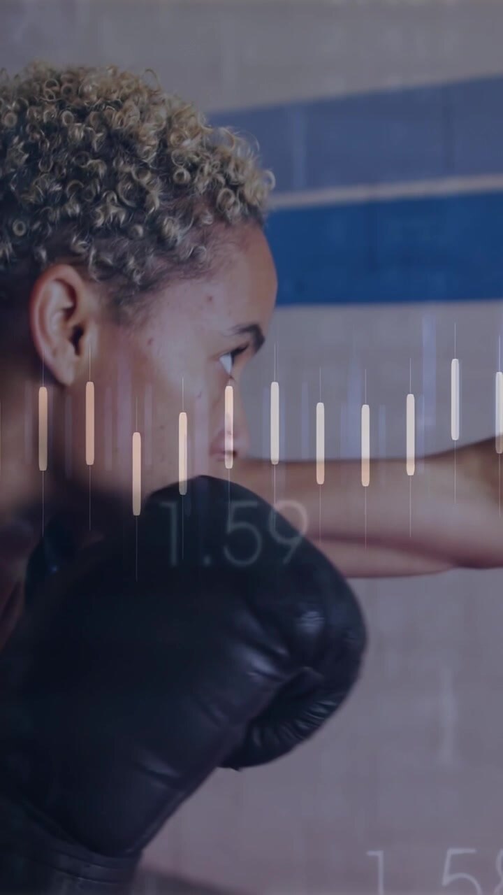 Vertical video: Female boxer jabbing in gym corner, timer starting training waveform overlaying