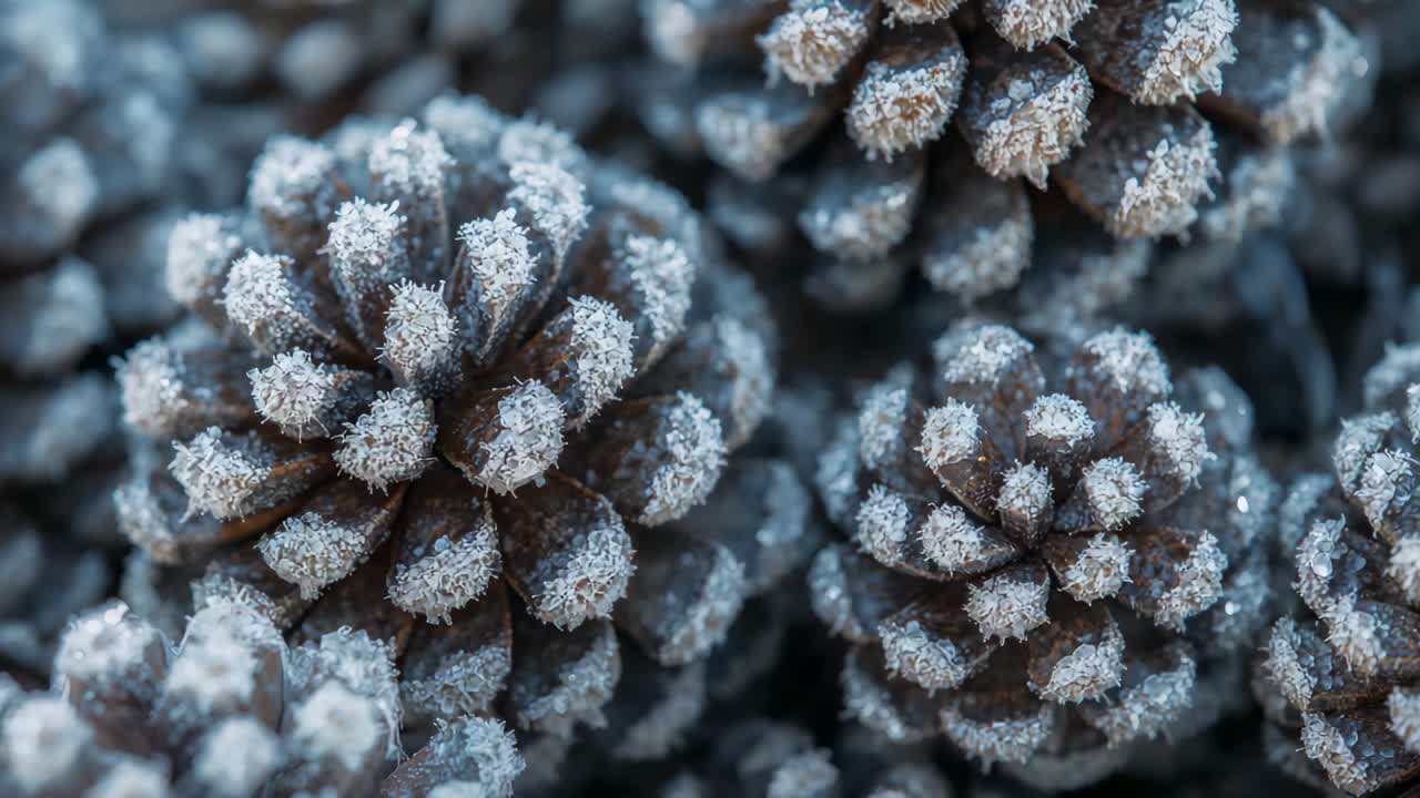 Panning camera subtly shifting focus, revealing close-up conifer cones and frost crystals in macro