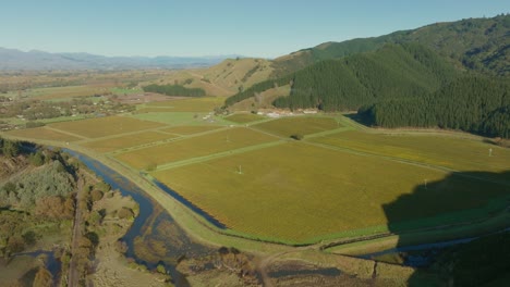 aerial view above wetlands and green fields in rural countryside landscape of te paranui in south island of new zealand aotearoa