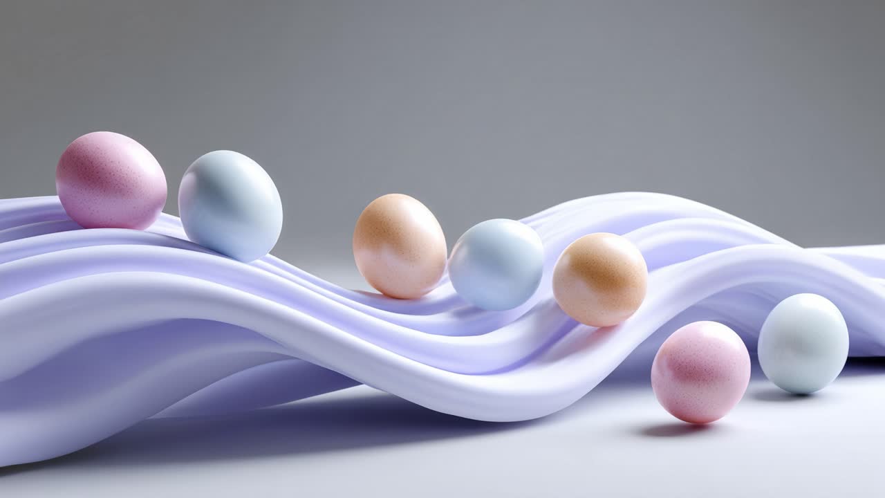 Aesthetic Composition of Pastel-Eggs on Flowing Fabric, Showcasing a Harmonious Blend of Colors and Textures in a Modern Still-Life Setting
