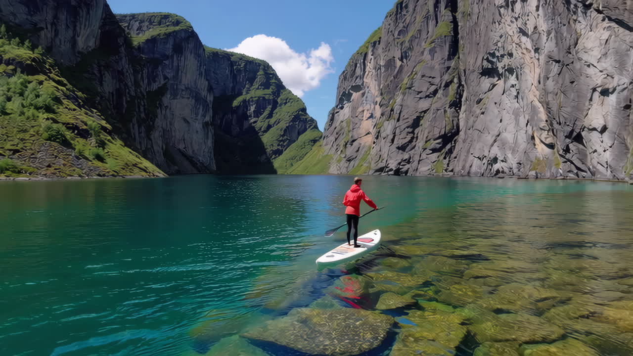 Paddleboarding in a Stunning Fjord with Clear Water and Towering Cliffs