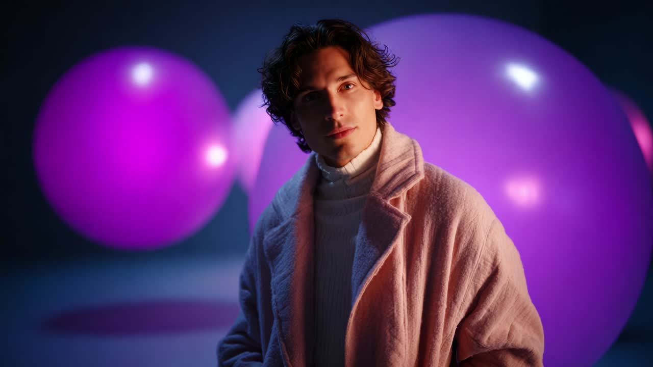 A Stylish Individual Poses Elegantly Against a Backdrop of Vibrant Purple Bubbles, Showcasing Contemporary Fashion in a Stunningly Lit, Artistic Setting Emphasizing Color and Texture