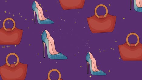 Animación-De-Iconos-De-Zapatos-Y-Bolsos-Sobre-Fondo-Morado