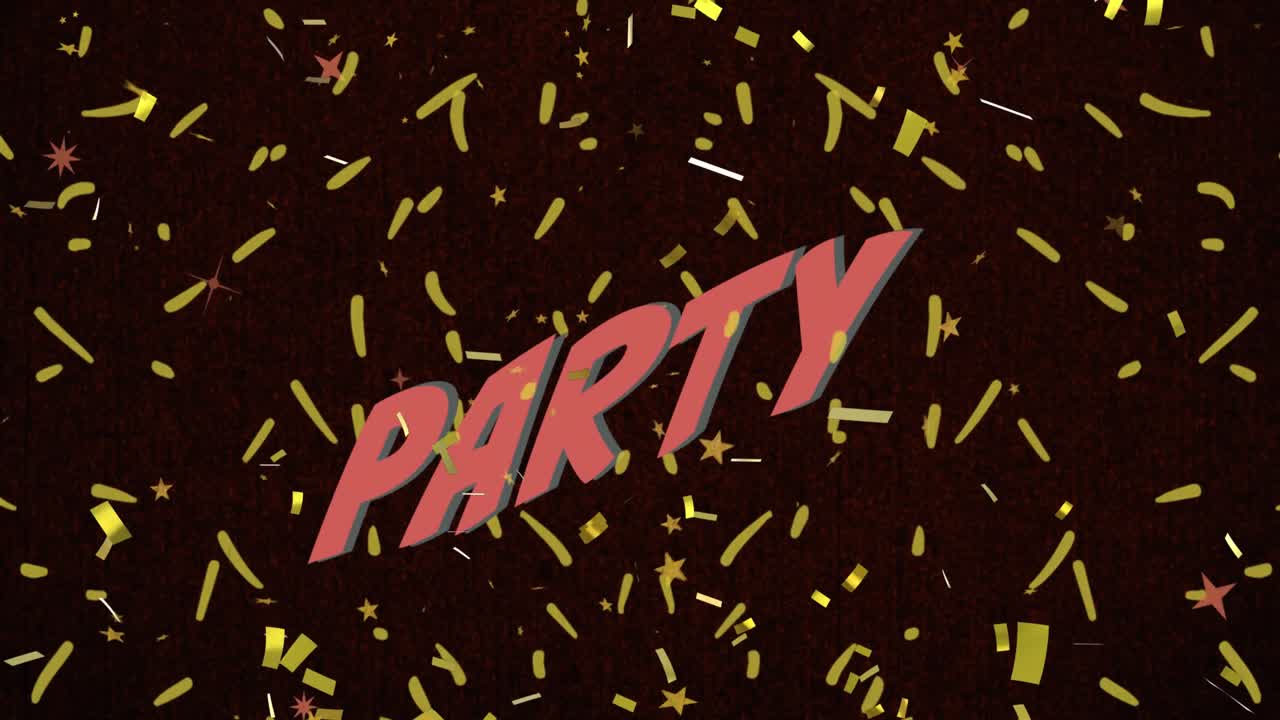 Animation of party text in pink with gold confetti on black background