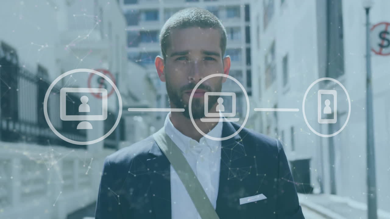 animación de procesamiento de datos financieros sobre empresario caucásico en la ciudad