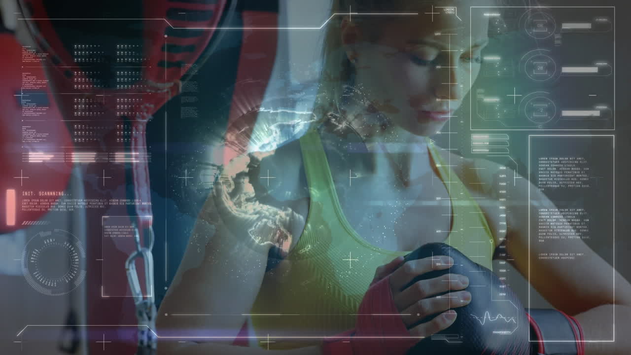 체육관에서 여성 권투 선수에 대한 데이터 처리 애니메이션