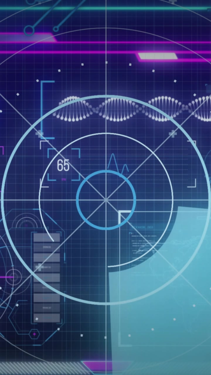 Animation of dna strand and scope scanning over data processing on black background