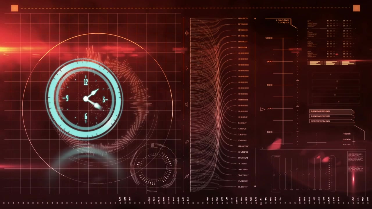 Interfaccia HUD digitale con orologio rotante e analisi dei dati