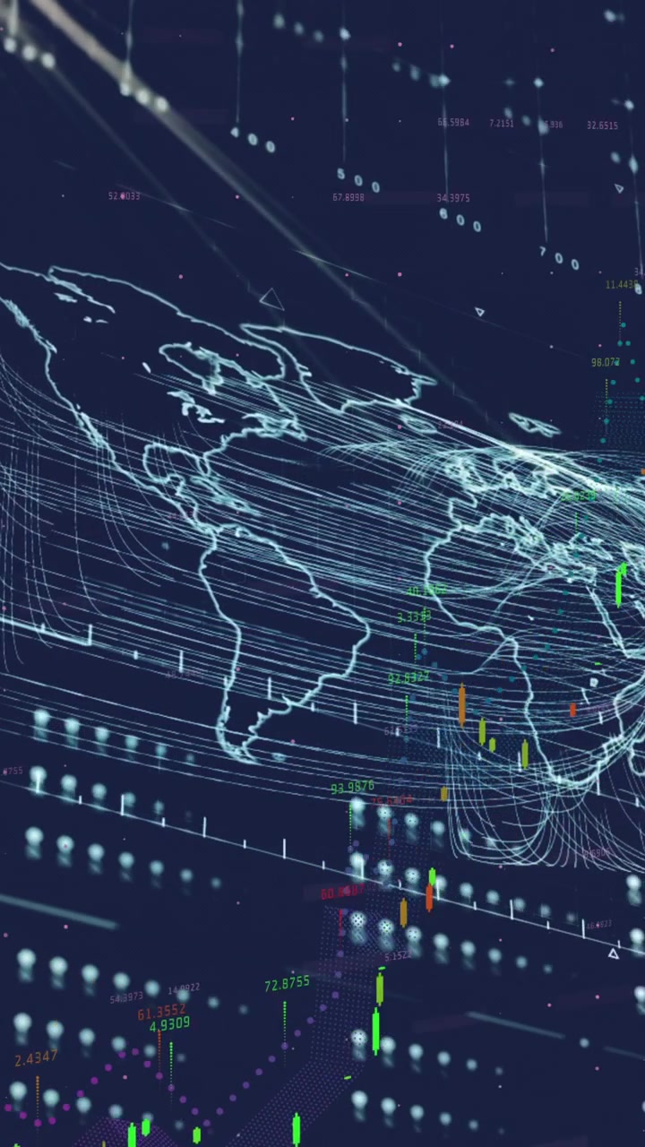 Animation of world map and data processing over diagrams
