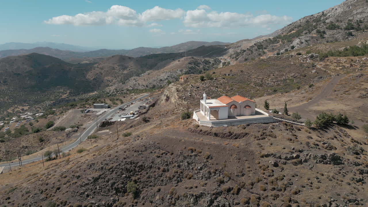 Tiny Mountain Church Crete Greece Amongst Mountains Drone Track In 4K 60FPS