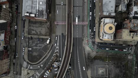 An-aerial,-top-down-view-of-Williamsburg,-Brooklyn-in-New-York-on-a-cloudy-day