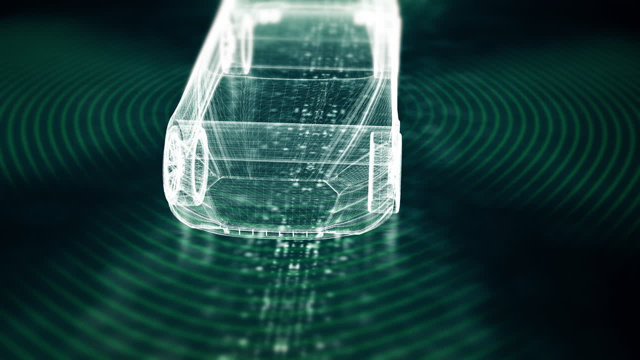 첨단 모션 그래픽은 인간 개입 없이 독립적으로 작동할 수 있는 자아 인식과 포적 인 환경 감지 기능을 갖춘 자율적인 차량을 보여줍니다.