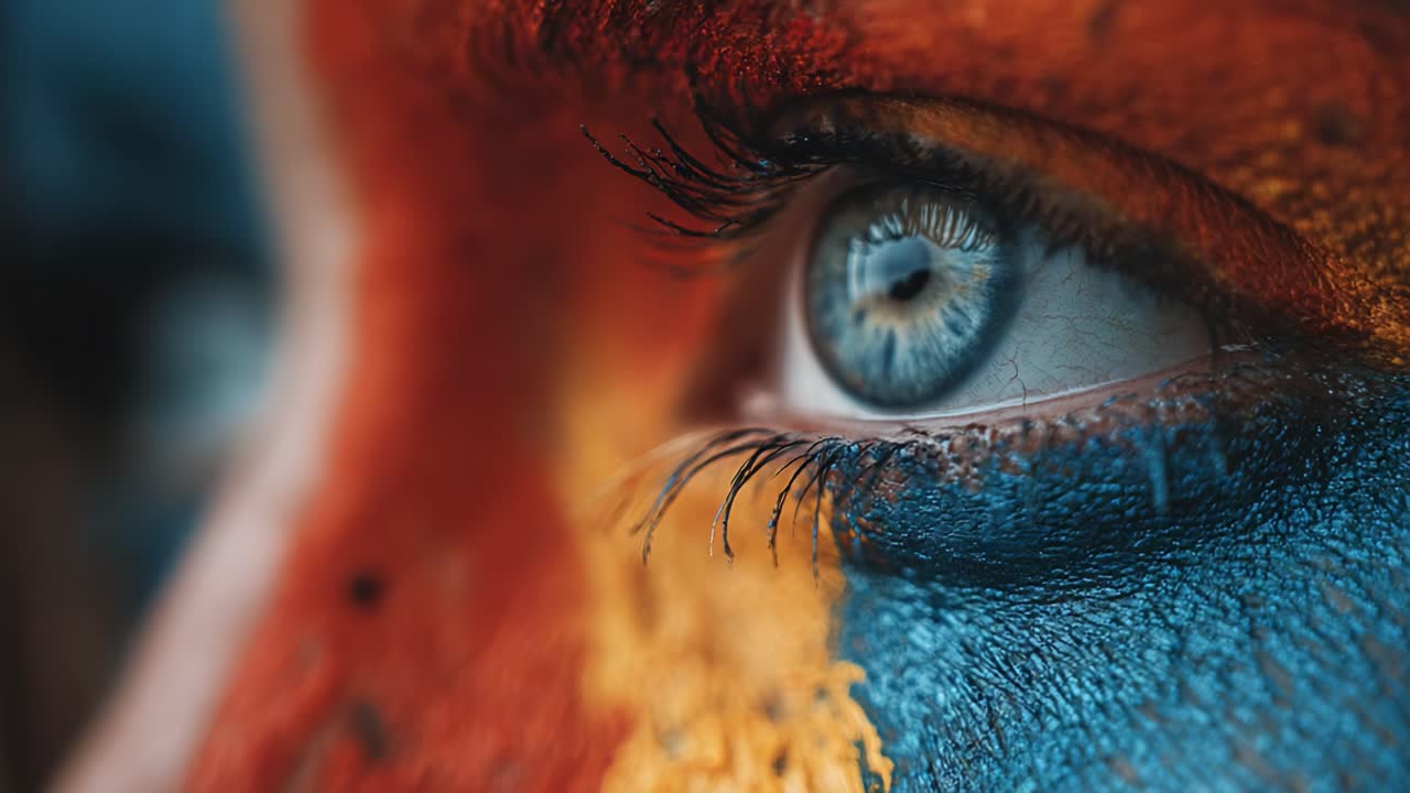 Vivid Close-Up of a Human Eye Featuring Striking Multicolor Face Paint, Capturing Emotion and Artistic Expression in a Stunning Visual Display