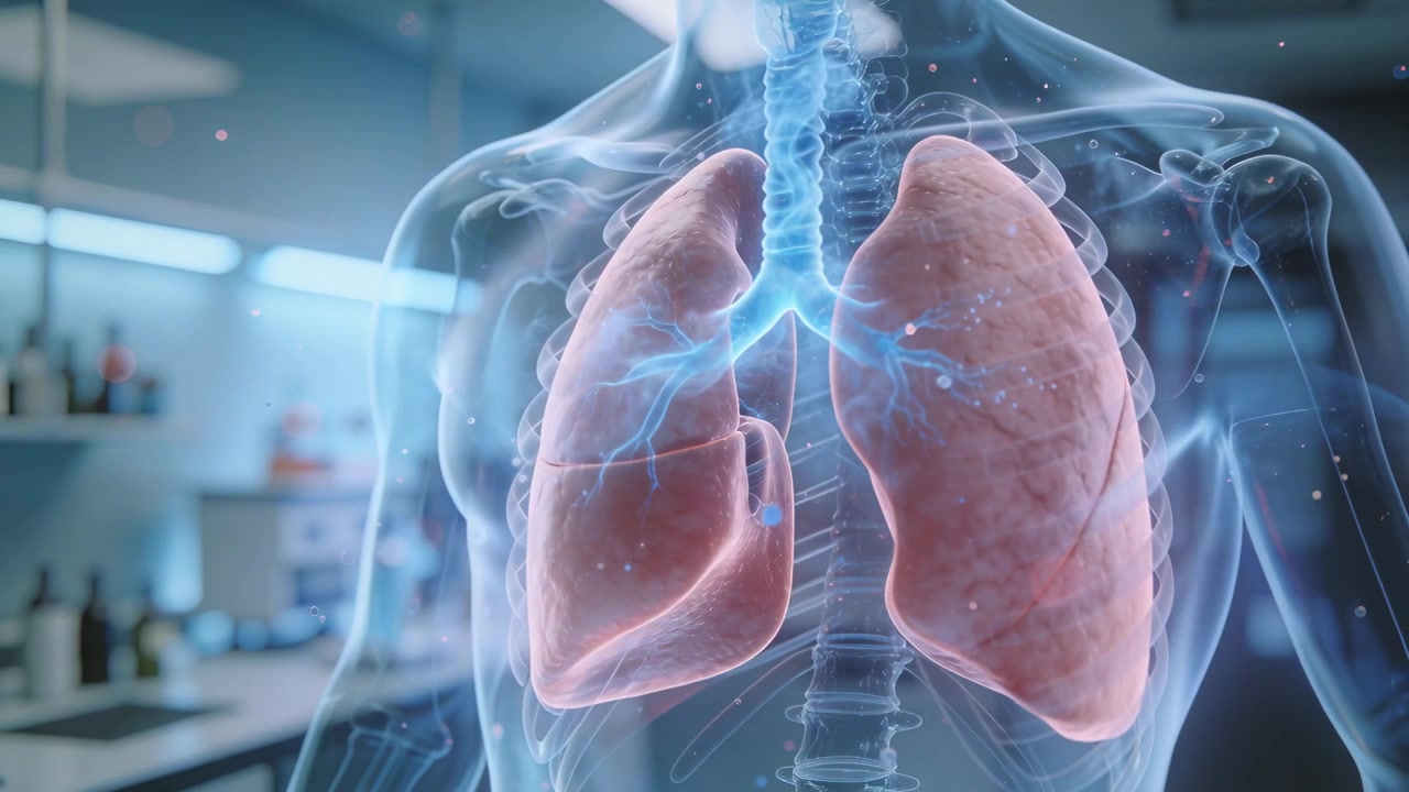 Inquadratura iniziale che mostra un busto trasparente con polmoni che ruotano e respirano per la formazione in laboratorio, con flusso d'aria ciano.