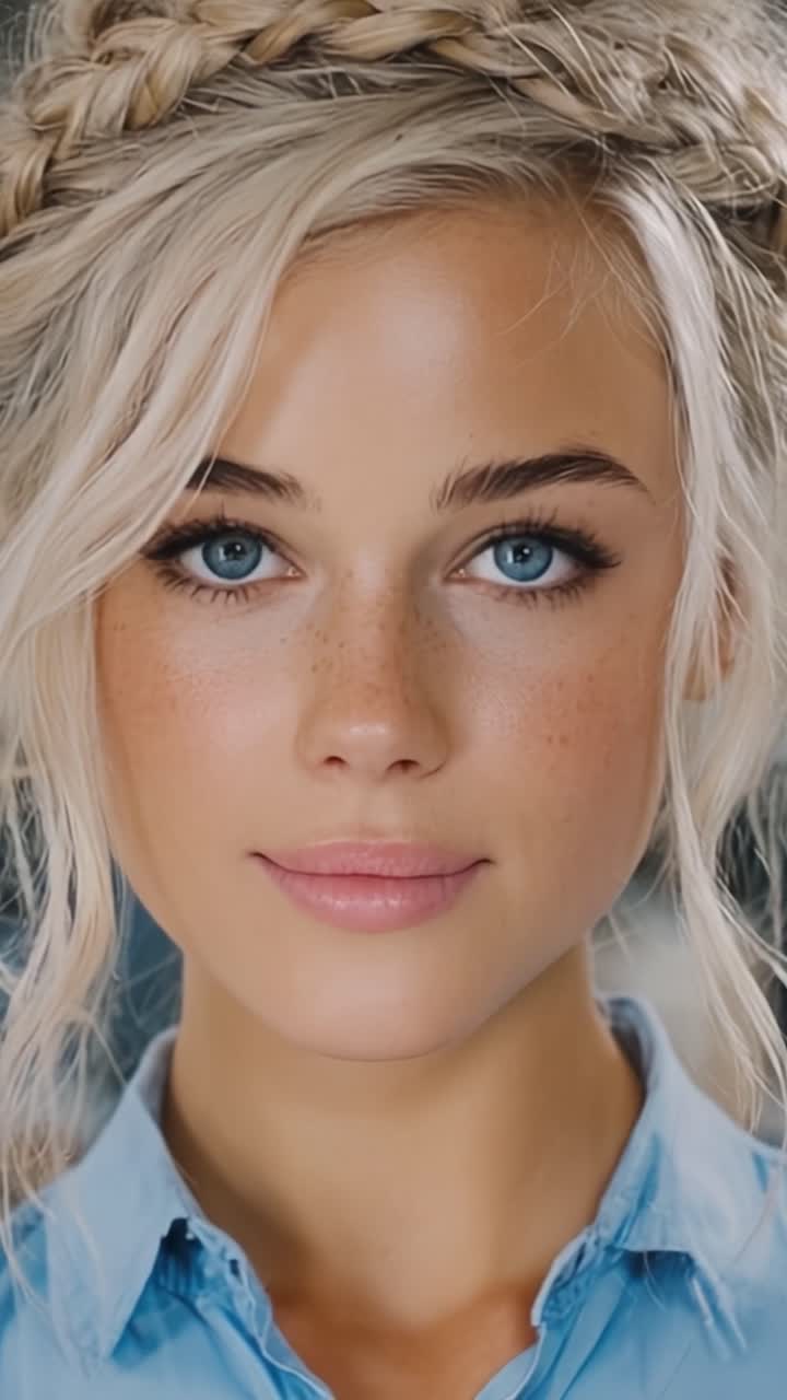 Una giovane donna radiosa con bellissimi occhi blu e pelle lentigginosa mostra un sorriso caloroso in due fotogrammi accattivanti di un servizio video glamour.