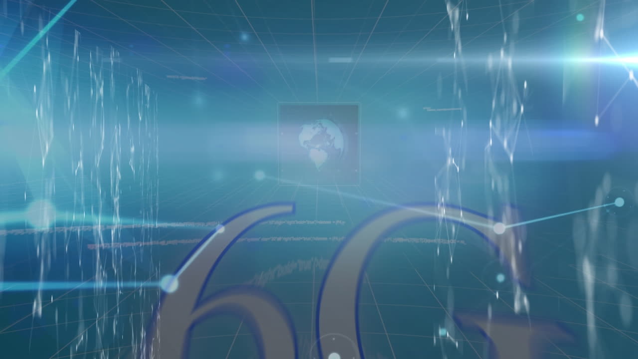 검은 바탕에 연결 네트워크를 통해 데이터 처리 및 6g 텍스트의 애니메이션