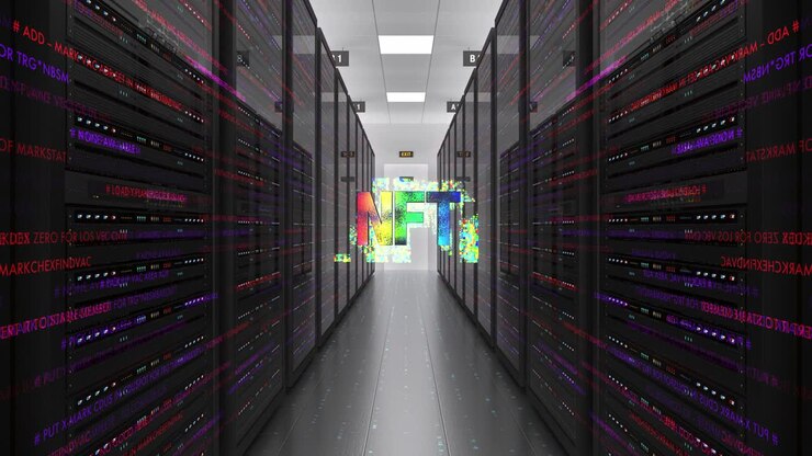 NFT Symbol In A Modern High Tech Datacenter Room.