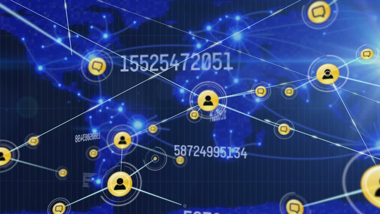 변화하는 숫자와 디지털 아이콘 네트워크의 애니메이션은 세계 지도 위의 빛의 흔적에 대항합니다.