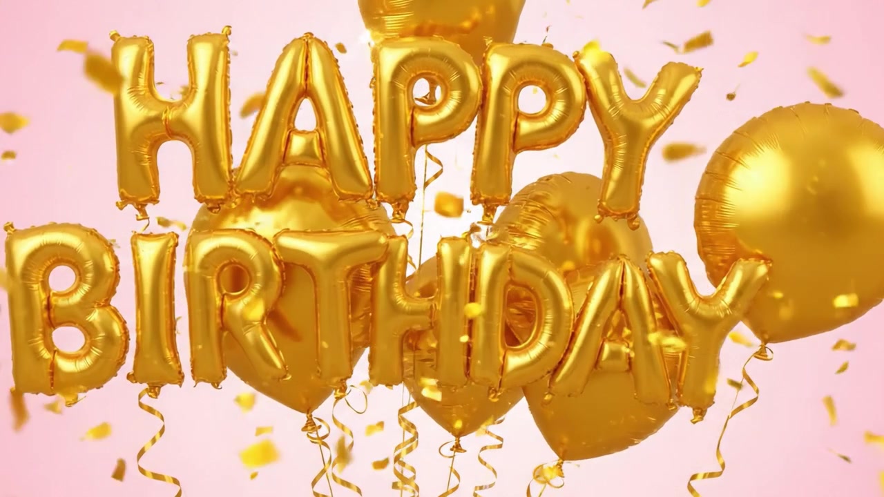 Una scena festiva che celebra un'occasione speciale con palloncini dorati che formano le parole 'Buon Compleanno' su uno sfondo rosa tenue.