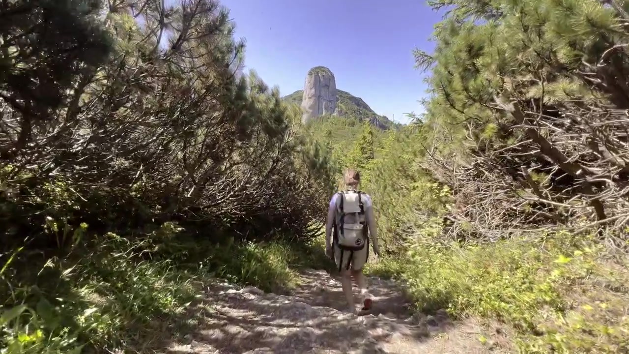 La telecamera segue un'escursionista con uno zaino che cammina lungo un sentiero di montagna roccioso attraverso pini verdi verso la maestosa cima del monte Ceahlau.