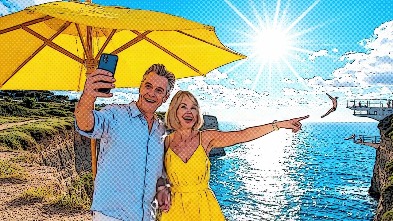 Una coppia gioiosa si gode una giornata di sole in riva all'oceano, scattando selfie sotto un ombrellone giallo brillante mentre un amico si tuffa in acqua, catturando l'essenza del divertimento estivo