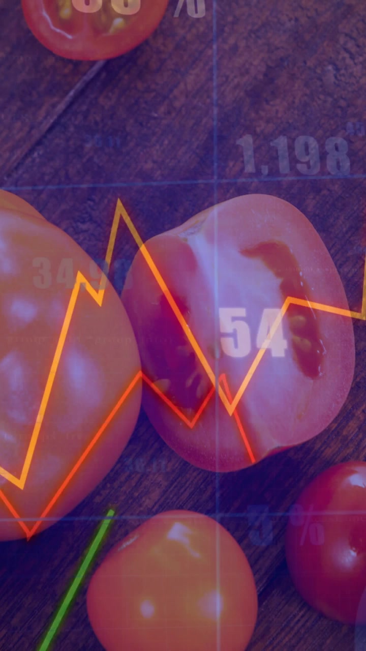 Vídeo vertical: Linha laranja aparecendo no ritmo, traçando um tomate cortado ao meio e mostrando valores para alimentos.