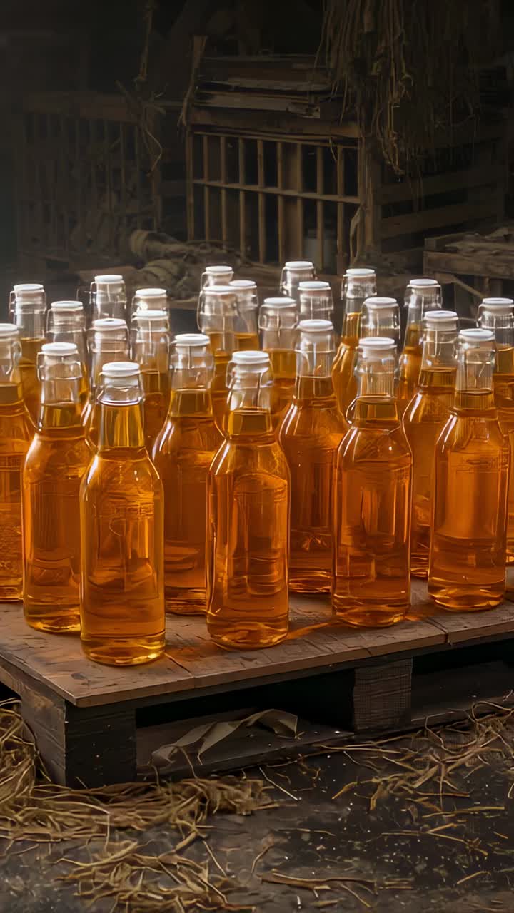 Vertical video: At start camera holding shot in barn capturing amber bottles on pallet and crates