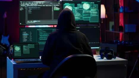 hacker arriving in secret base with laptop, ready to start programming viruses