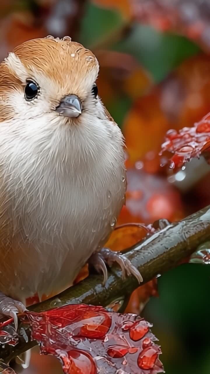 Primo piano di un piccolo e adorabile uccello appollaiato su un ramo con foglie autunnali vivaci, che mostra le sue piume e le gocce di pioggia in un bellissimo ambiente naturale.
