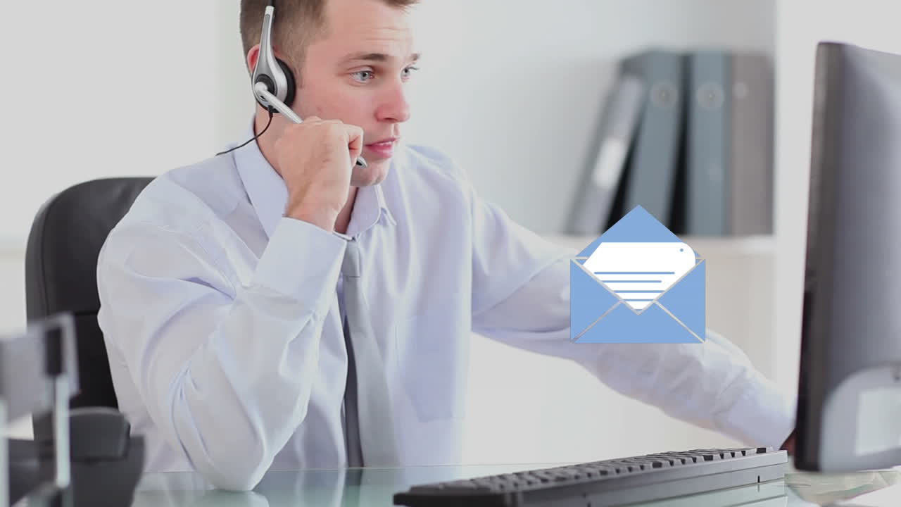 animación del icono de las redes sociales sobre el hombre de negocios que usa auriculares de teléfono