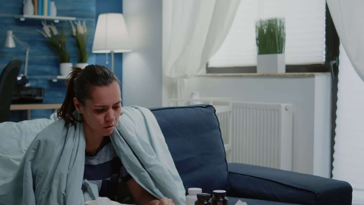 Sick woman looking at bottle of pills and tablets with capsules
