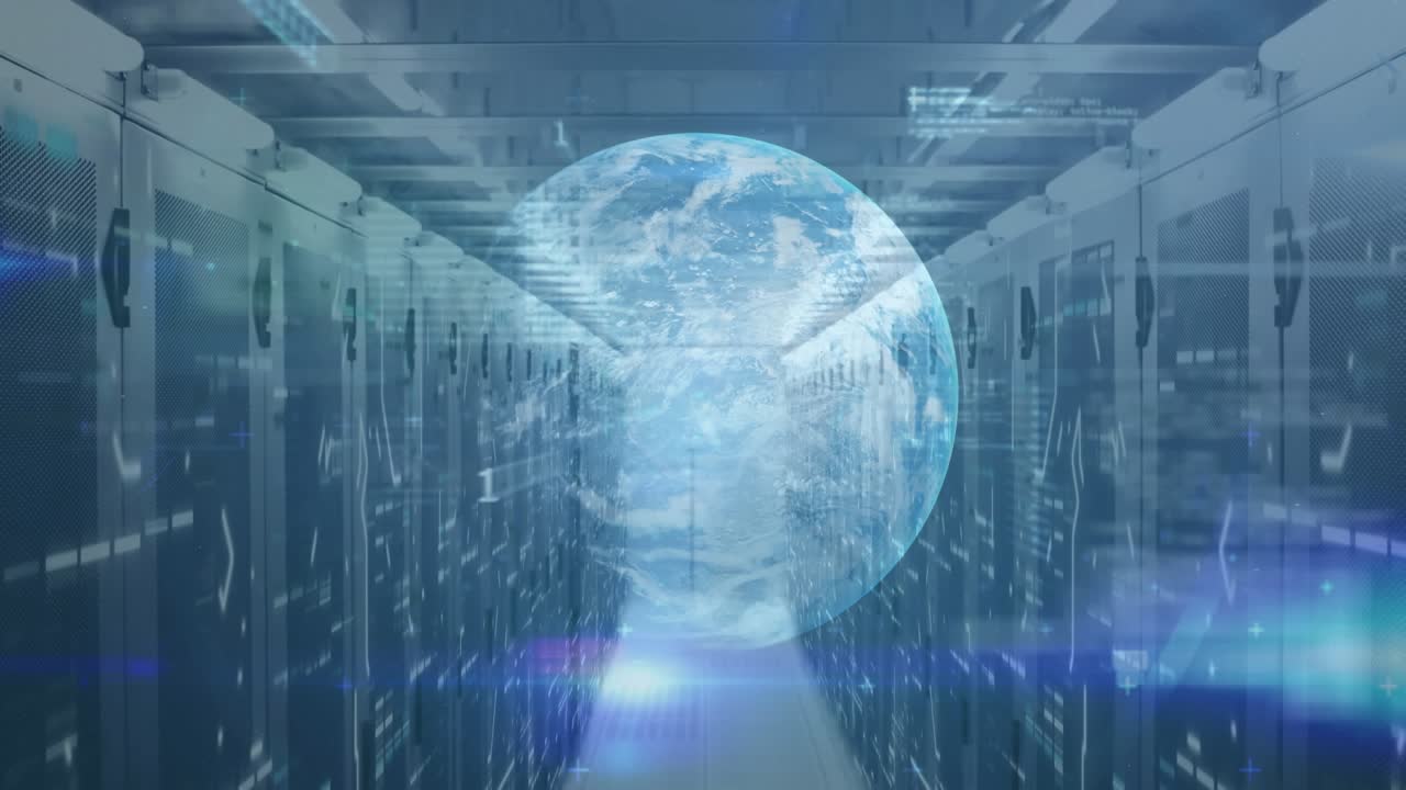 Animation of data processing with globe over server room