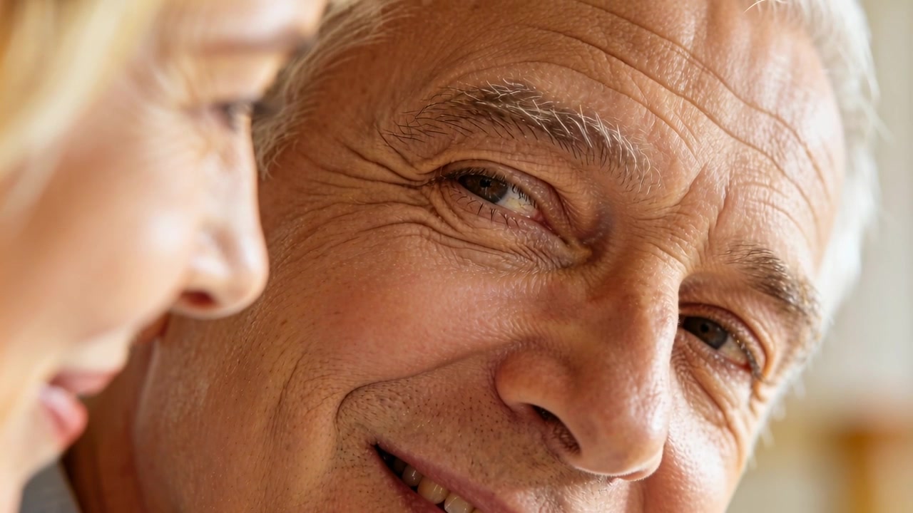 Smiling senior man returning partner's soft smile while holding gaze at home, wearing light top