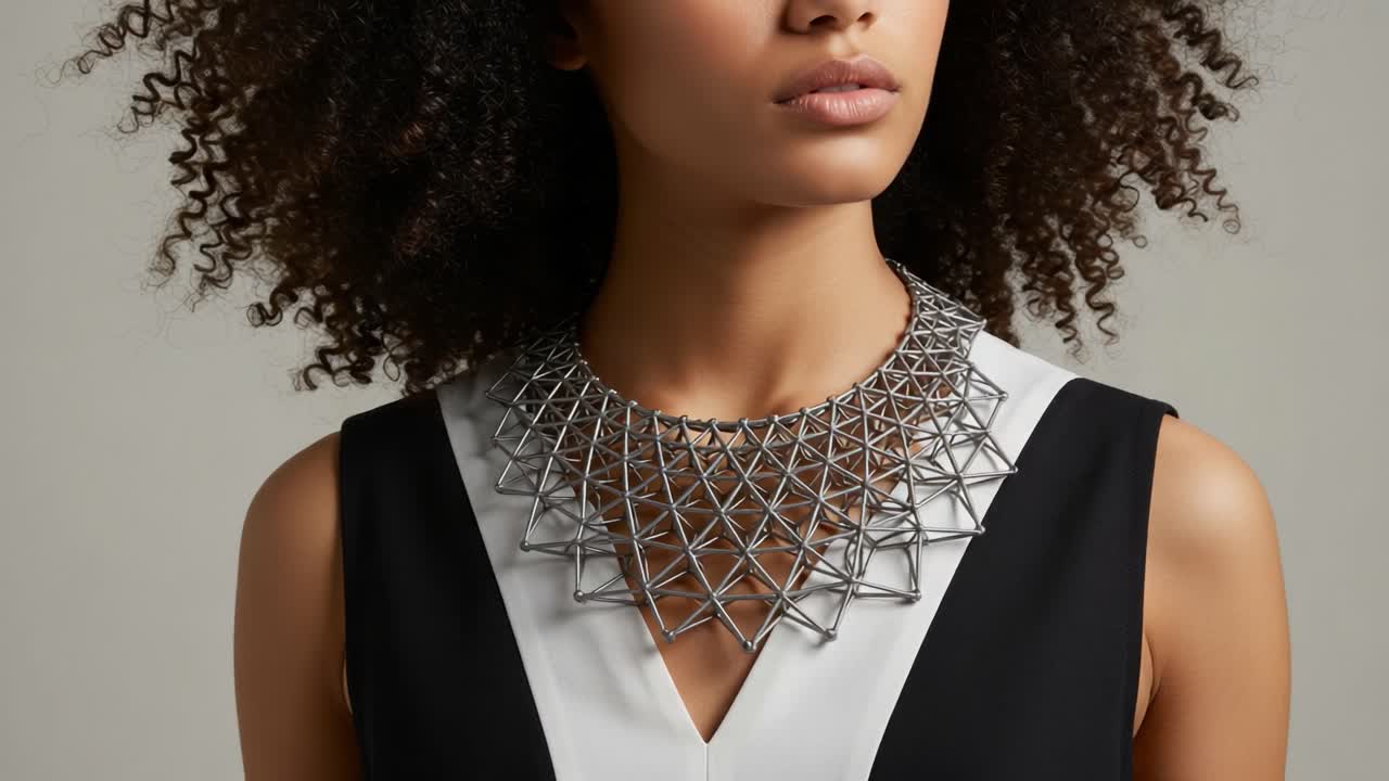 A Stunning Display of Modern Fashion with a Chic Geometric Necklace: Showcase of Elegance in Contemporary Jewelry Styling