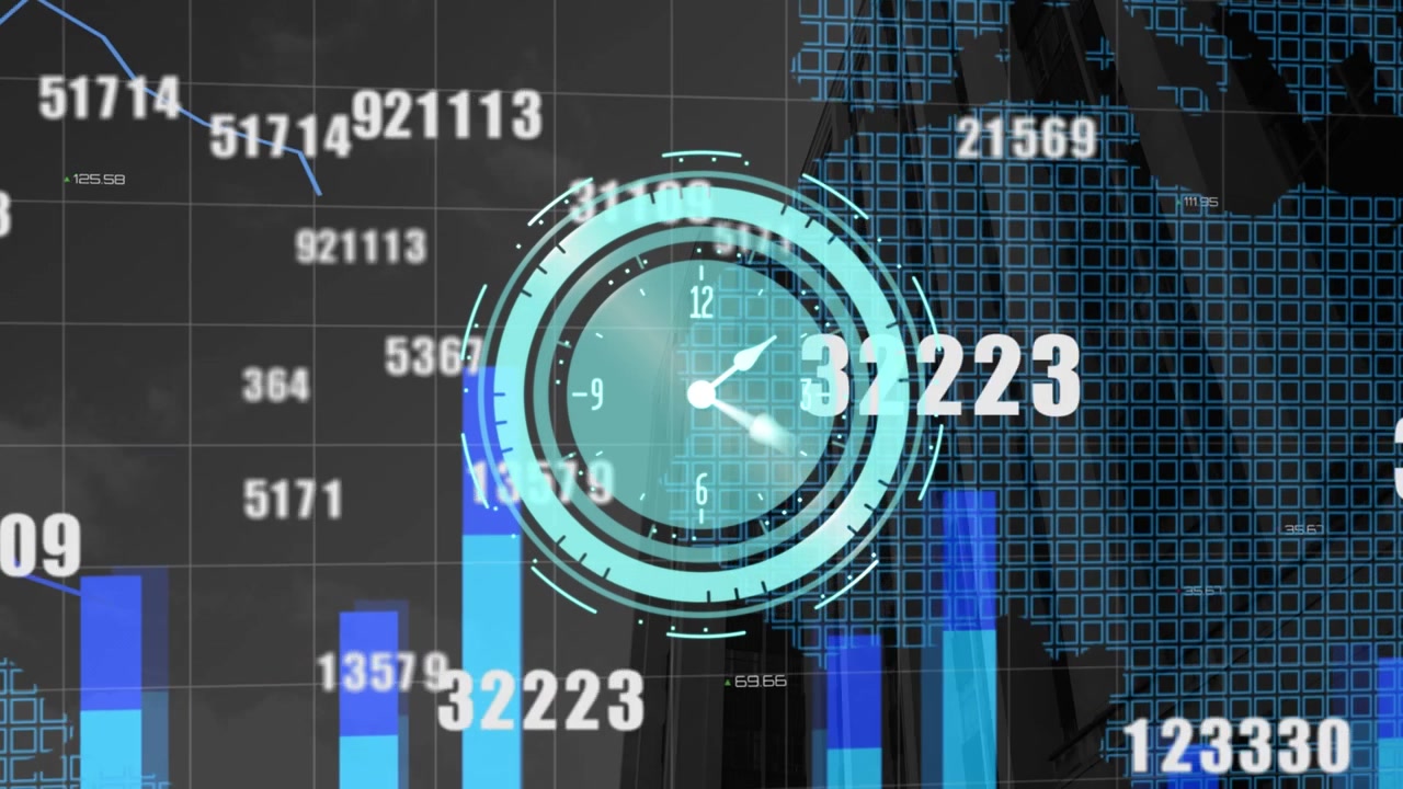 Neon ticking clock and multiple changing numbers floating over world map and tall buildings