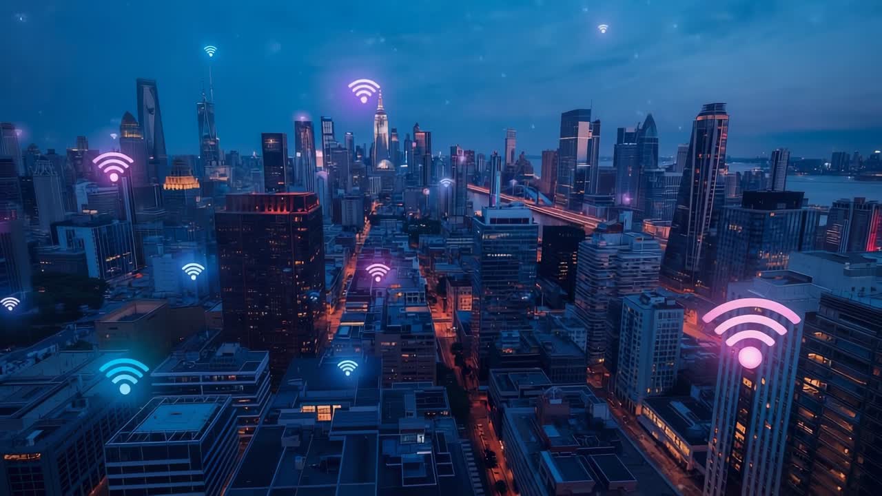 Displaying city skyline fading in pink blue Wi-Fi icons at dusk, highlighting urban network