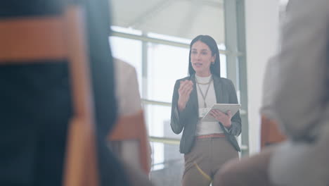 Presentation,-tradeshow-and-woman-with-tablet