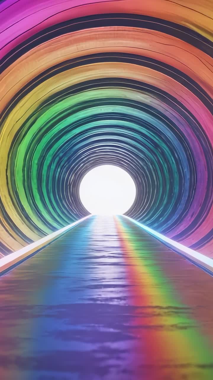 Vertical video: Starting from entrance, camera gliding through rainbow tunnel toward white exit