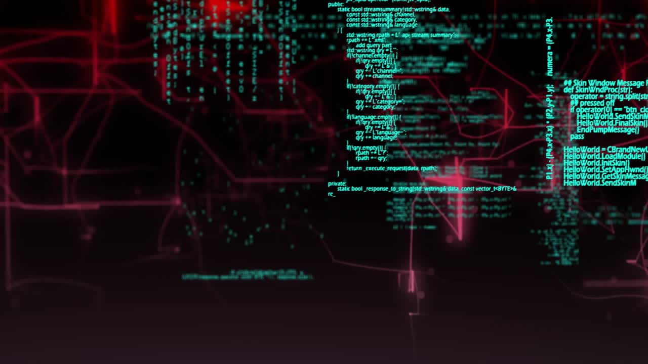 Visualizing futuristic data network in dark animation with teal code and neon magenta circuits