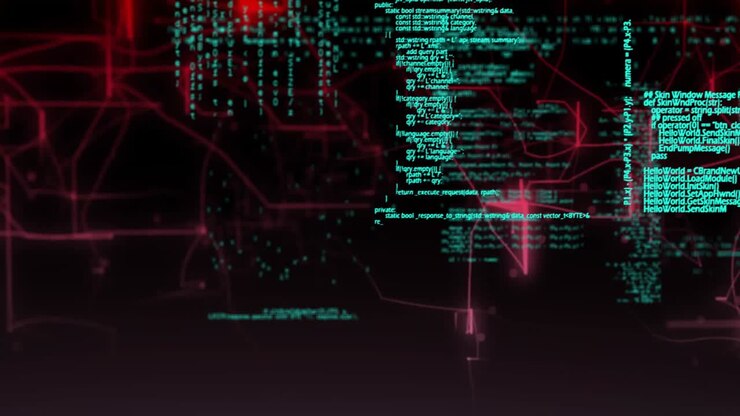 Visualizing futuristic data network in dark animation with teal code and neon magenta circuits