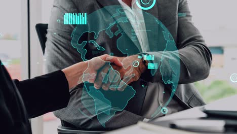 apretón de manos conceptual de negocios con tablero para el análisis de datos financieros