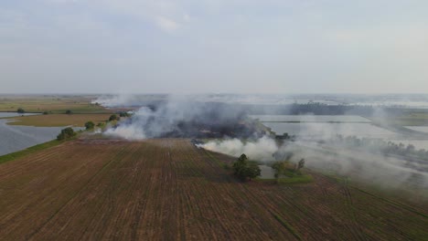 aerial footage towards a burning farmland in pak pli, nakhon nayok, thailand