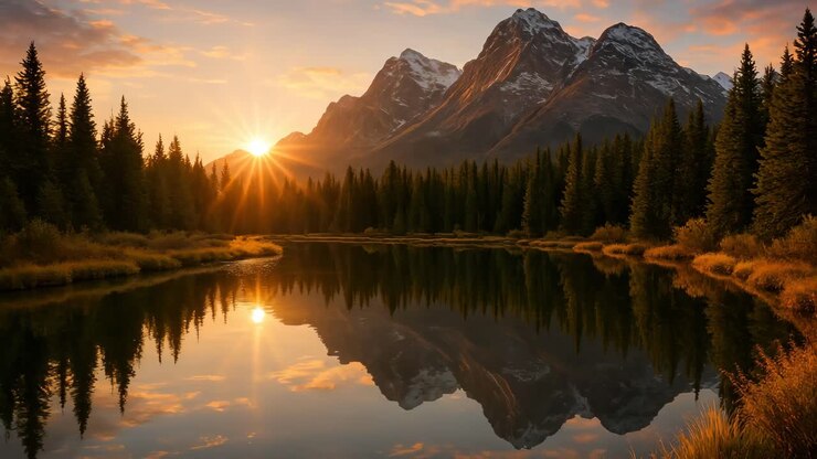 Paesaggio montano suggestivo all'alba, catturato da un angolo basso. Il riflesso sereno nel lago.