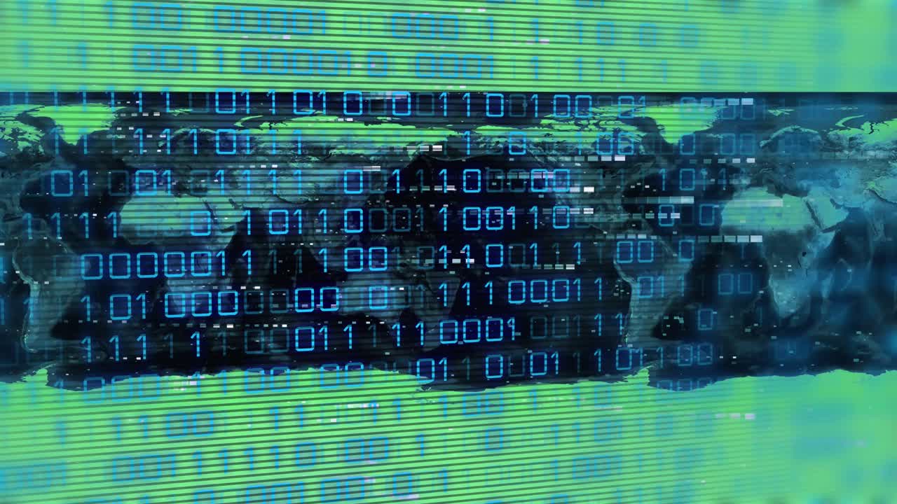 녹색 배경에 있는 세계 지도 위의 데이터 처리 애니메이션