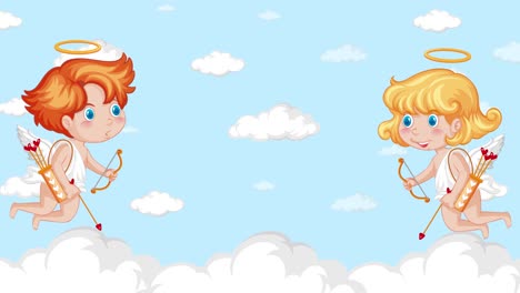 los cupidos animados interactúan en medio de nubes esponjosas.