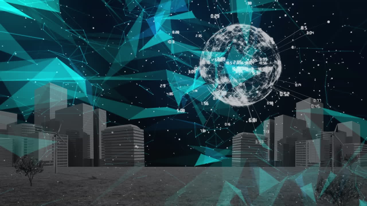 Plexus networks and spinning globe against cityscape model