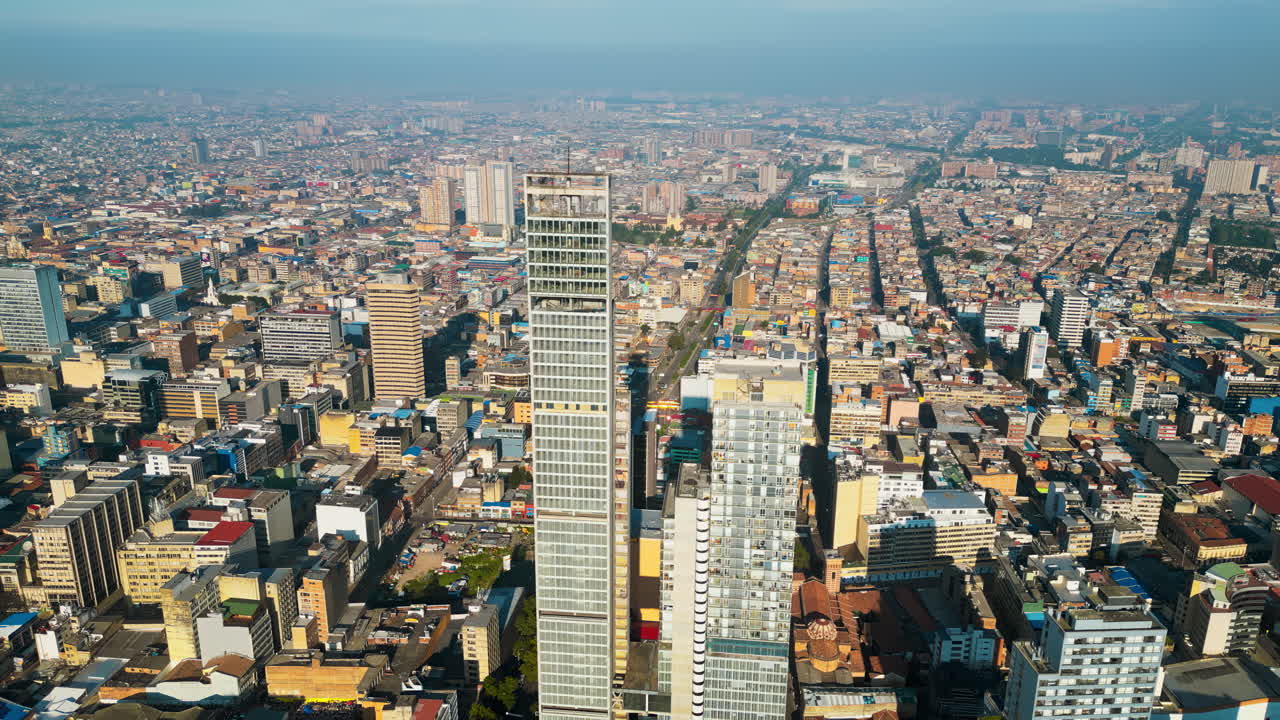 Aerial drone view of the skyline of Bogota, Colombia in daylight