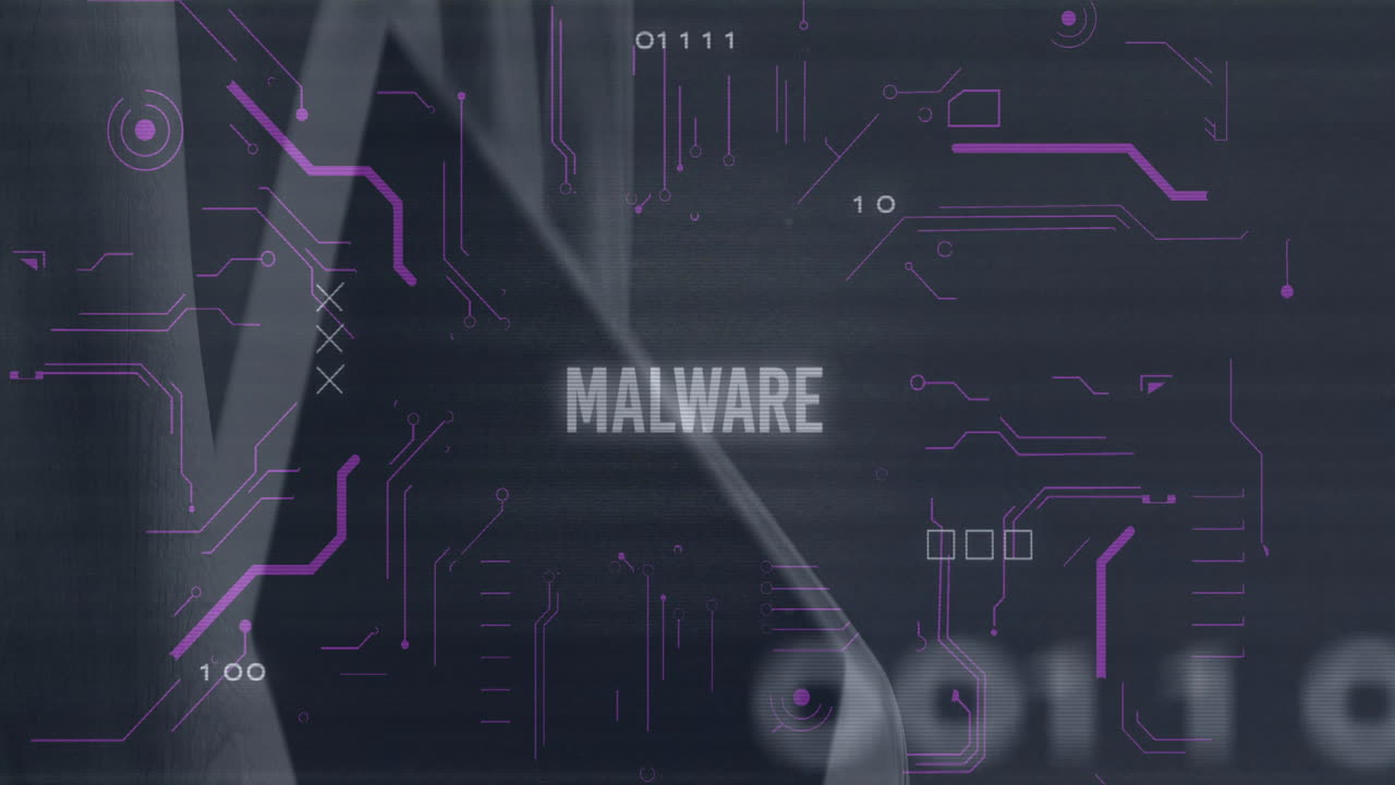 texto de malware que anima sobre código binario con elementos digitales en el fondo